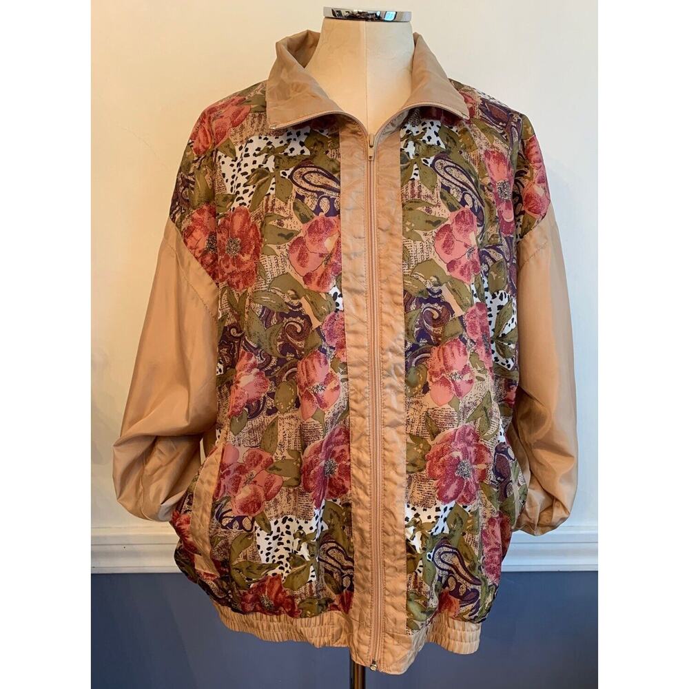 20W Vintage Center Aisle Plus Size Women's Retro Zip Up Track Jacket Brown Flora